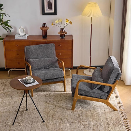 VINGLI Chenille Mid-Century Modern Accent Chair Set of 2, Cute Reading Arm Chair with Cushion & Lumbar Pillow & Solid Wood Frame for Lounge, Living Room, Reading Room, Bedroom, Dark-Gray