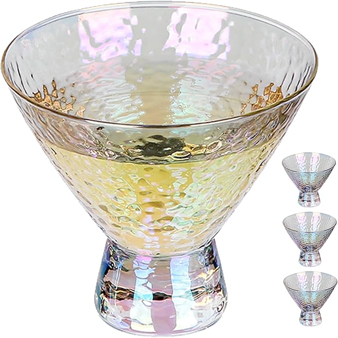 Lysenn Iridescent Stemless Martini Glasses Set of 4 - Premium Hammered Cocktail Glasses for Weddings, Anniversary, Christmas, Party - 7.7oz