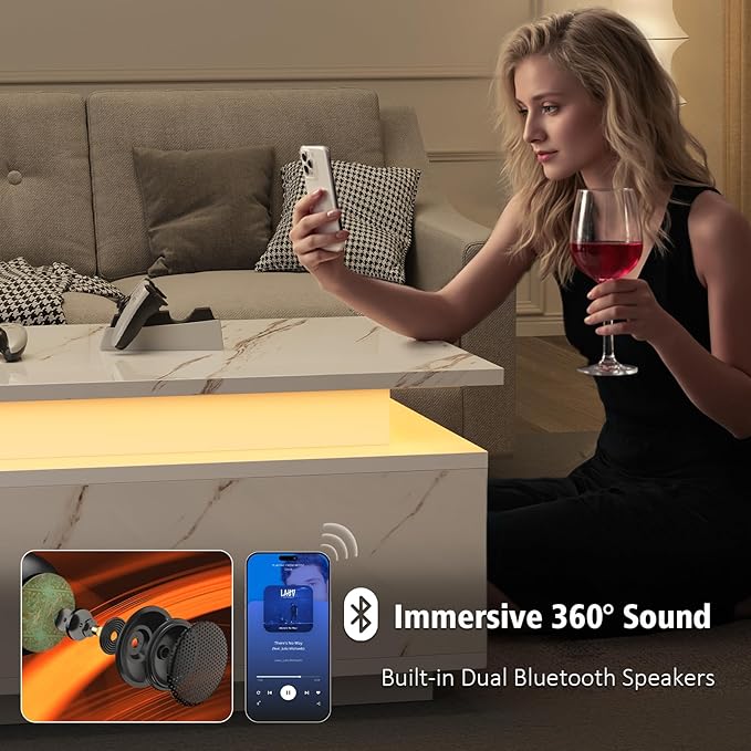 LED Coffee Table, 47.2" Coffee Tables for Living Room with Wireless Charging & Bluetooth Speaker, Smart Center Table for Living Room with Storage, White Marble Tables