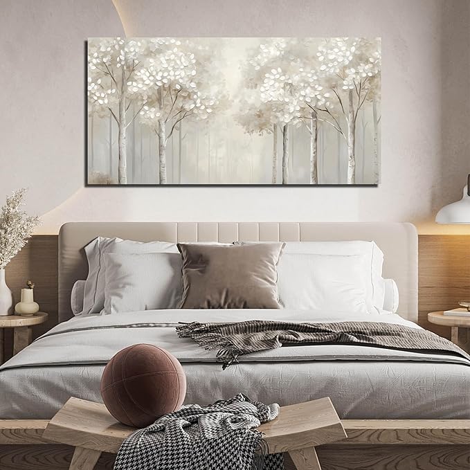 ANCXWOTER Large Forest Wall Art for Living Room White Misty Birch Tree Picture for Bedroom Office Modern Landscapes Canvas Prints Ready to Hang 29x58 Inch