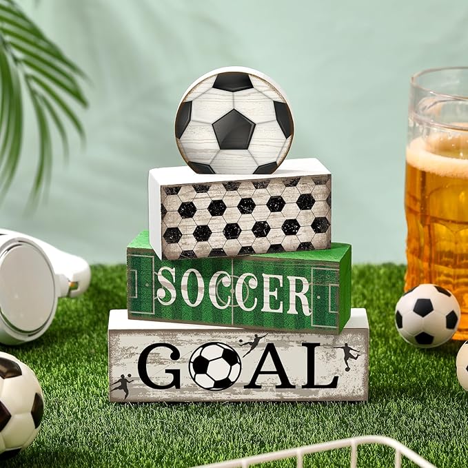 4 Pcs Soccer Party Decorations Soccer Table Centerpiece Football Tiered Tray Decor Wooden Ball Block Signs Gift Sports Themed Table Decorations for Boys Baby Shower Party Supplies Decor