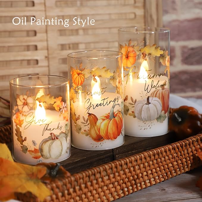 Fall Flameless LED Candles with Remote Timer Set of 3 Warm Lights DIM Home Decor Battery Operated Pumpkin Maple Leaves Painting Harvest Ornament Autumn Thanksgiving