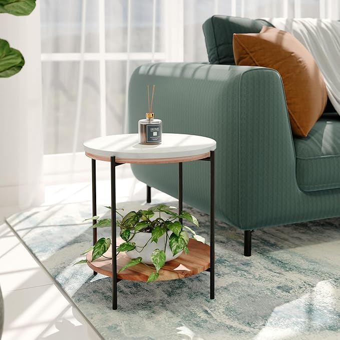 Lyra Round Marble End Table – Solid Acacia Wood Shelf, Open Storage Side Table for Living Room, Bedroom, Entryway, Small Spaces – Nightstand, Plant Stand, Modern Accent Table with Metal Frame