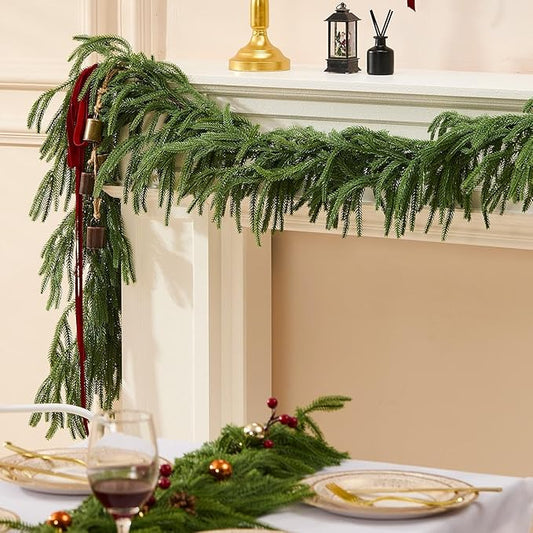 Faux Norfolk Pine Christmas Garland – Real Touch Greenery Artificial Cedar Christmas Garland for Fireplace Mantel, Staircase, Door Frame, Holiday Indoor Winter Décor (9FT-2Pack)