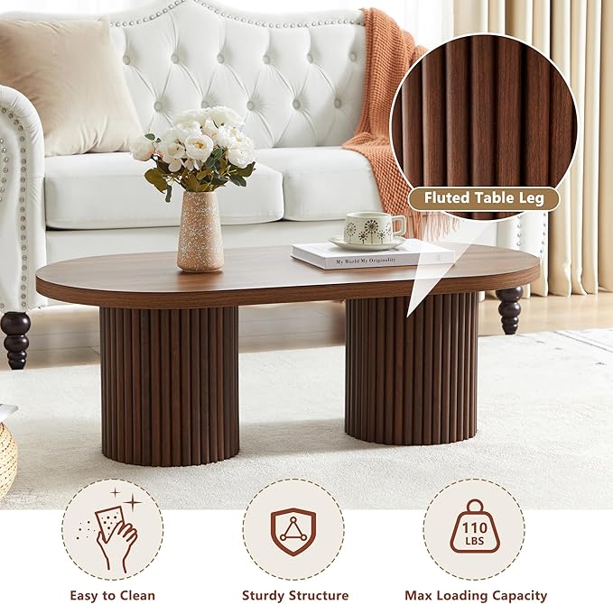 AVZEAR Oval Fluted Coffee Table for Living Room, Mid Century Modern Coffee Table with Fluted Legs, Curved Round Wooden Center Table for Home, Office, Cafe, Vintage Walnut (39.38" x 19.69" x 13.78")