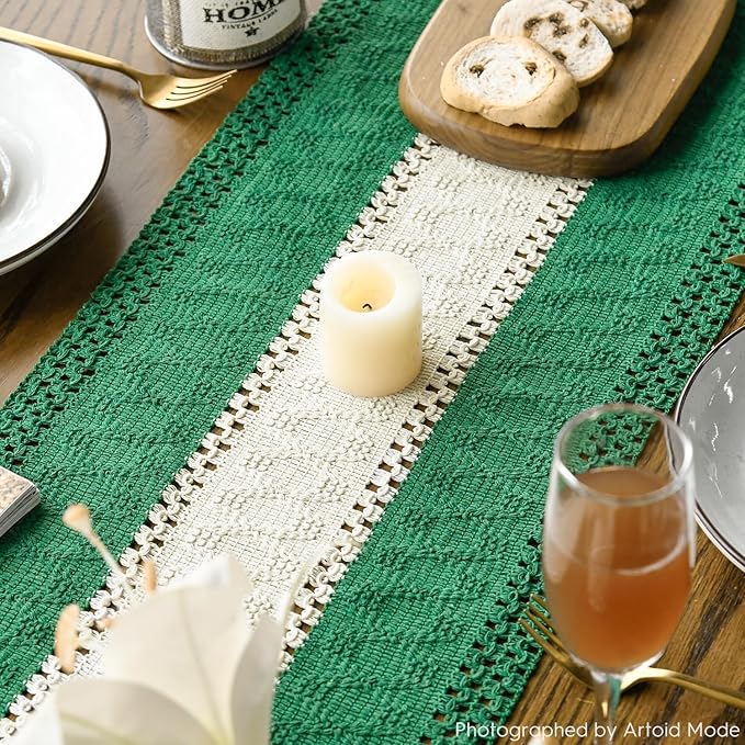 Artoid Mode Dark Green Farmhouse Rustic Table Runner, Seasonal Hollow Kitchen Dining Table Decoration for Home Party Decor 12x90 Inch