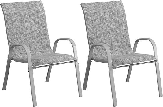Amopatio Patio Chairs Set of 2, Outdoor Stackable Dining Chairs for All Weather, Comfortable Breathable Garden Outdoor Furniture for Backyard Deck, Grey & White