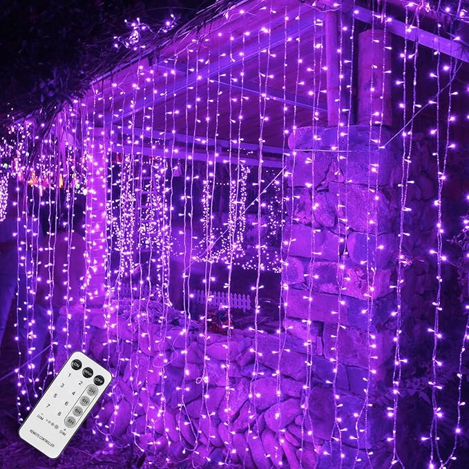 WATERGLIDE 300 LED Curtain Lights, Remote Control Christmas Hanging String Lights, 8 Lighting Mode, Plug in for Indoor Outdoor Halloween Holiday Party Garden Backdrop Wedding Home Decor, Purple