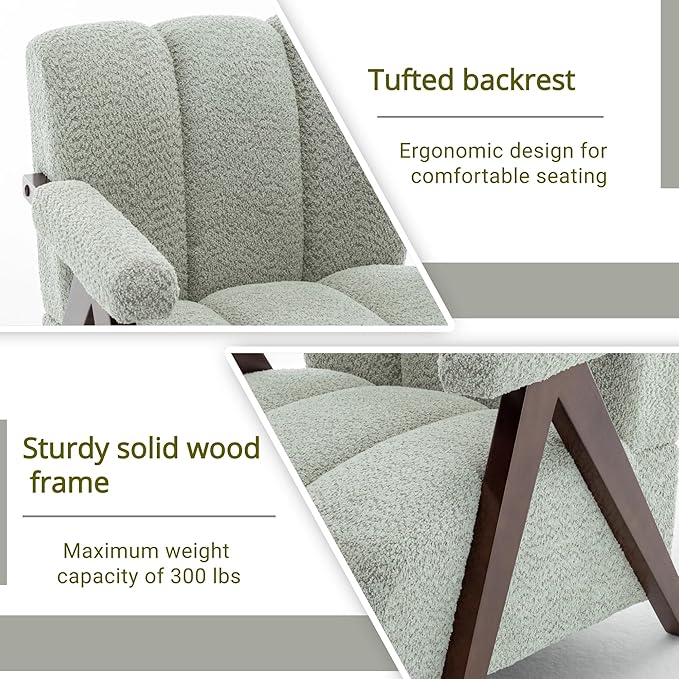 Mid Century Modern Accent Chairs Set of 2 with Solid Wood Frame, Boucle Upholstered Living Room Chairs with Thick Cushion, Comfy Tufted Arm Chair for Bedroom, Sage