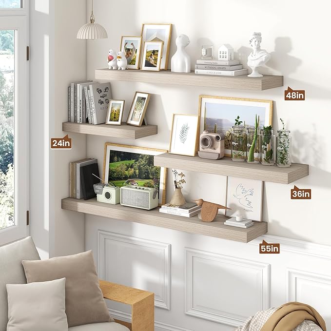 Heimlove 48" Floating Shelves for Wall,10 Grey Deep Rustic Wood Display & Storage Wall Shelves with Heavy Duty Brackets for Bathroom,Bedroom,Kitchen,Living Room,Office,Set of 2