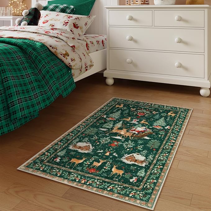 Lahome Indoor Christmas Rug 2x3 Small Kitchen Bathroom Rugs for Entryway,Washable Soft Non-Slip Christmas Tree Santa Claus Area Rug,Door Mat for Winter Living Room Bedroom Holiday Decor(2x3,Green)