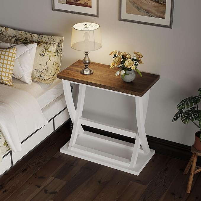 ChooChoo Farmhouse End Tables Living Room Set of 2, Narrow Side Table with Storage Shelf, Modern X-Design Slim End Table for Living Room, 11.8" D*23.6" W*23.4" D