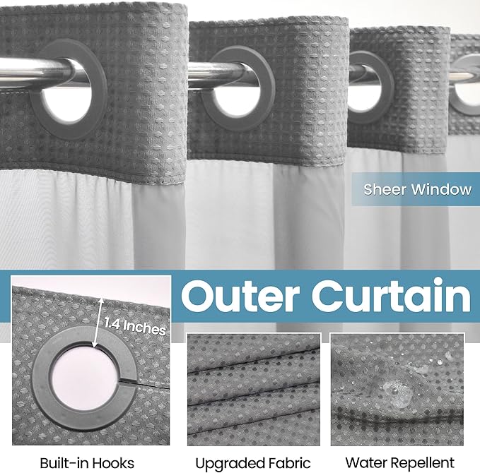 Grey Stall Shower Curtain and Liner Set - 230GSM Waffle Weave Textured Heavy Duty,Hotel Luxury Weighted Bath Curtain,54W x 80H