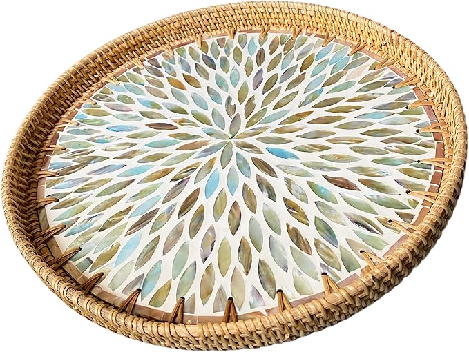 i-lan Mother of Pearl Inlay and Natural Wicker Mixed 16Inch Round Decorative Serving Platter,Rattan Coffee Bread Serving Display Tray with Sea Blue MOP Inlay for Table Decor,Storage of Fruit,Candy.