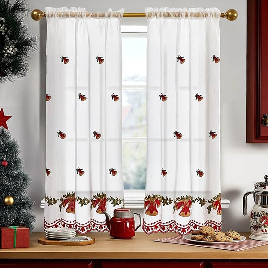 Deconovo Christmas Kitchen Tier Curtains, Embroidered Cafe Tiers, Semi Sheer Window Treatment with Rod Pocket, Light Filtering for Small Windows, Door & Sink Areas, 28W x 45L, Golden Bell, 2 Panels