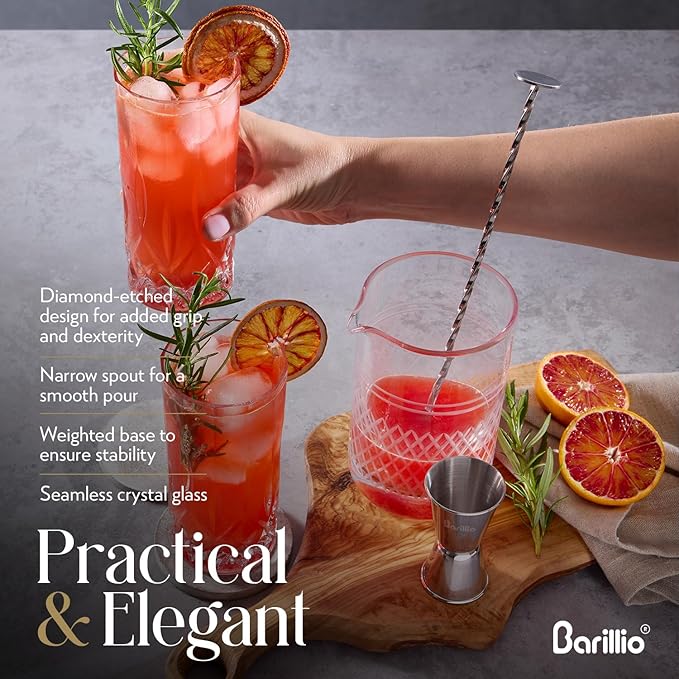 Barillio 20 Oz Crystal Cocktail Mixing Glass with Bamboo Stand & Bar Tools | Seamless Lead-Free Crystal, Weighted Base Stirring Pitcher | Including Muddler, Mixing Spoon, Jigger and Strainer
