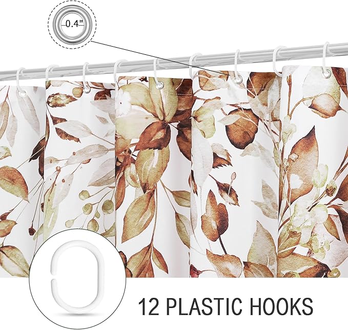 Gibelle Brown Eucalyptus Shower Curtain, Watercolor Plant Leaves with Floral Bathroom Shower Curtain Set with Hooks, 72x72