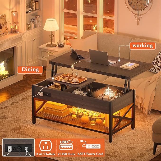 Aheaplus Coffee Table Lift Top Multi-Function Coffee Table Converts to Dining Table, with LED Light and Power Outlet, Center Table with Shelves for Living Room Reception Home Office,-S2, Espresso