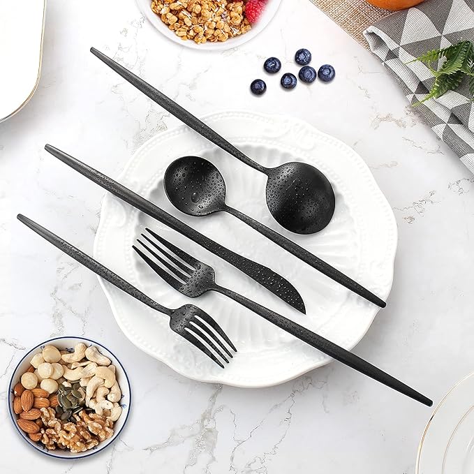 Matte Black Silverware Set for 12, IBIILII JEFF 60 Pieces Stainless Steel Flatware Set，Kitchen Utensil Set, Tableware Cutlery Set, Knife Spoons And Forks Set, Satin Finished Polished & Dishwasher Safe