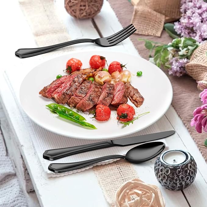 Herogo 30-Piece Black Silverware Set with Scalloped Edge, Stainless Steel Flatware Cutlery Set for 6, Modern Tableware Eating Utensils, Dishwasher Safe, Mirror Polished