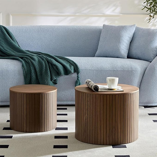 Nesting Coffee Table Set of 2,Modern Round Wooden Coffee Tables with Storage,Luxury Side Table Accent End Table for Small Space Living Room Apartment