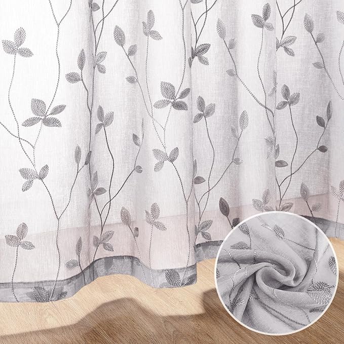 HOMEIDEAS Light Grey Sheer Curtains 52 X 84 Inches Length 2 Panels Embroidered Vine Floral Pattern Pocket Faux Linen Semi Sheer Voile Window Drapes for Bedroom Living Room
