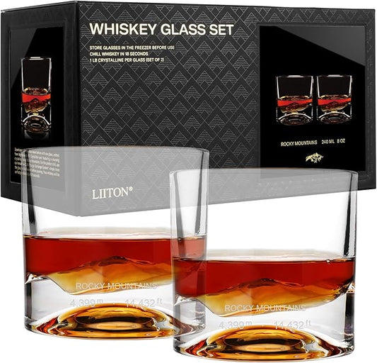 LIITON Rocky Mountains Heavy Crystal Whiskey Glasses Gift Set of 2, Thick Freezable Bourbon Glass 1lb Each, Premium Whiskey Gifts for Men, Frozen Crystal Chills Cocktails, 10 oz