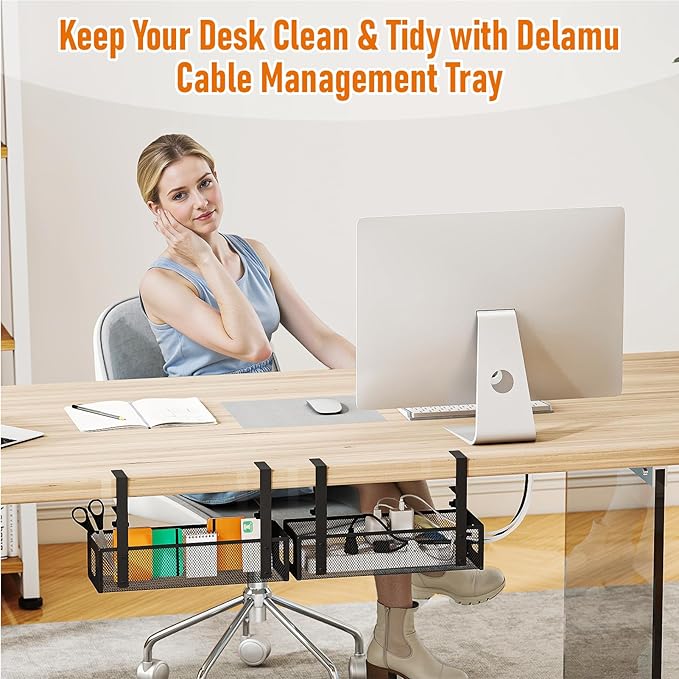 DELAMU Under Desk Cable Management Tray - Cable Management Tray No Drill with F-Clamp Design, Metal Mesh Cord Organizer, Sturdy Wire Organizers for Cords for Home Office Standing Desk, Black