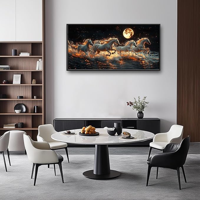 Horse Wall Art, White Horses Pictures Wall Decor, Running Animal in Moonlight Canvas Prints Painting, Large Framed Artwork for Living Room Office Bedroom Bathroom Corridor 60"x 30"