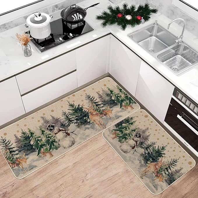 Christmas Snowman Reindeer with Scarf Decorative Kitchen Rugs Set of 2, Seasonal Winter Welcome Xmas Home Decor Low-Profile Kitchen Mats for Floor - 17x29 and 17x47 Inch