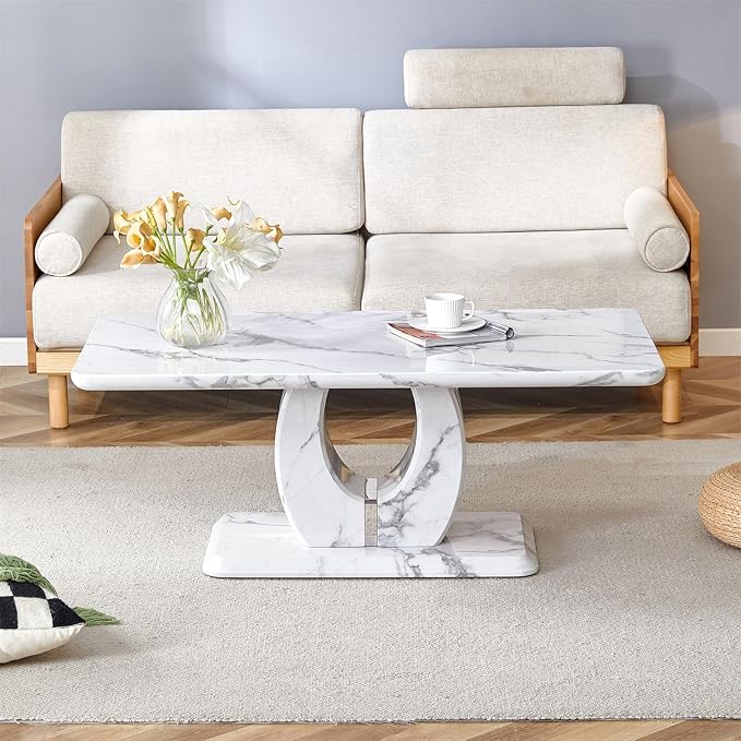 LKTART Rectangle Coffee Table for Living Room, Imitation Marble Coffee Tables with Storage, Modern Stable Base Center Tea Table for Dining Room Small Space Apartment (43.3''L×22.4''W-White)