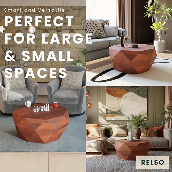 Relso Solid Wood Geometric Faceted Coffee Tables Living Room, Crafted for Versatile Use | Drum Round Shaped | for Living Rooms | Wooden Drum Coffee Table Octavian Table