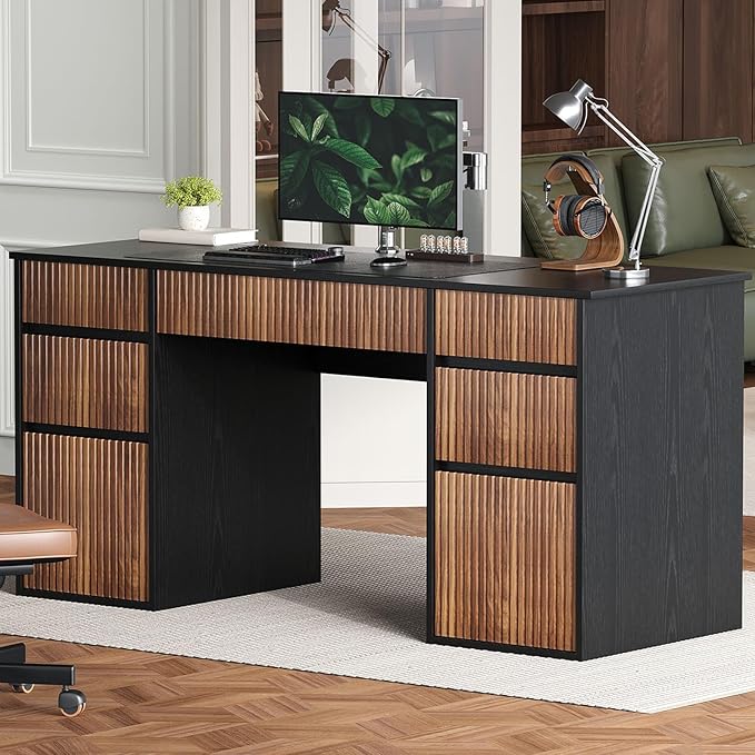 4 EVER WINNER Black Desk with Drawers, 58" Executive Office Desk with 7 Drawers and Hidden Handle, Computer Desk with File Cabinets for Living Room Study Table for Bedroom, Black