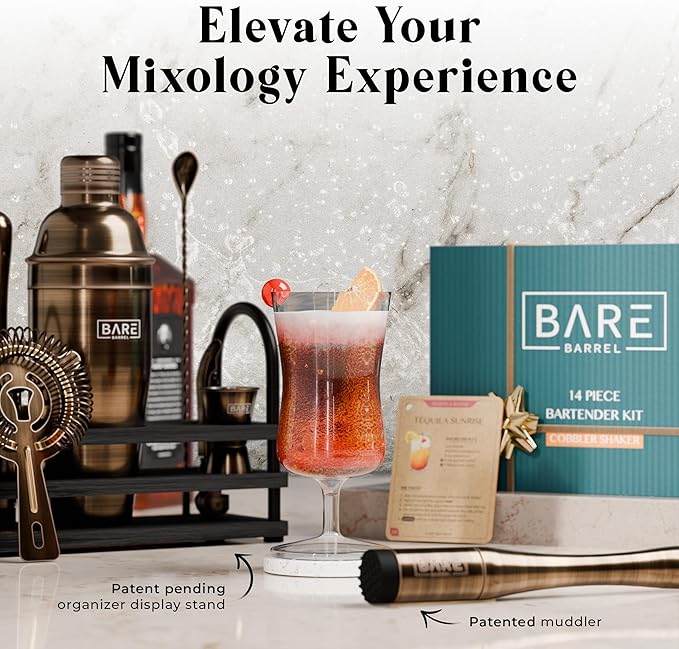 BARE BARREL® Mixology Bartender Kit Bar Set | 14-Piece Cocktail Shaker Set | Martini Barware Mixing Tools for Home Bartending | 35 Recipe Cards | Gift Set (24oz Cobbler Shaker, Brass/Black)