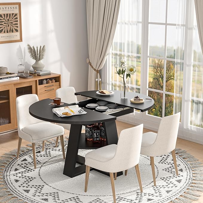 43.3in-59in Extendable Round Dining Table for 4-8,Modern Kitchen Oval Dining Table with Removable Leaves Space Saving,Wood Base with Storage Shelf for Kitchen Living Room (Black)