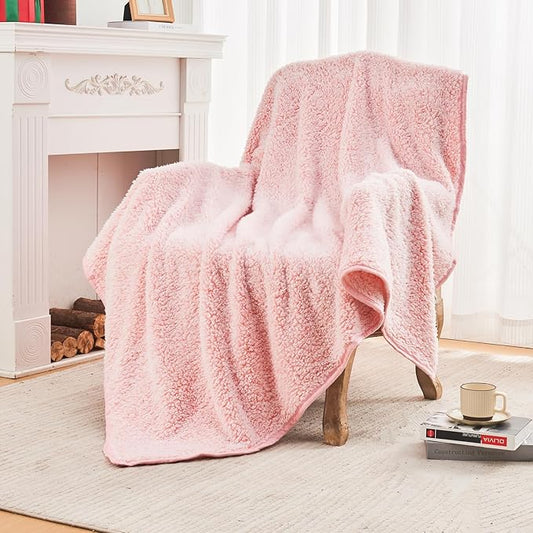 EMME Soft Sherpa Fleece Blanket Reversible Plush Fluffy Large Blanket, Light Weight Warm Decorative Boho Blanket Cover for Sofa, Couch, Bedroom,Travel(Plush Pink,50"x60")