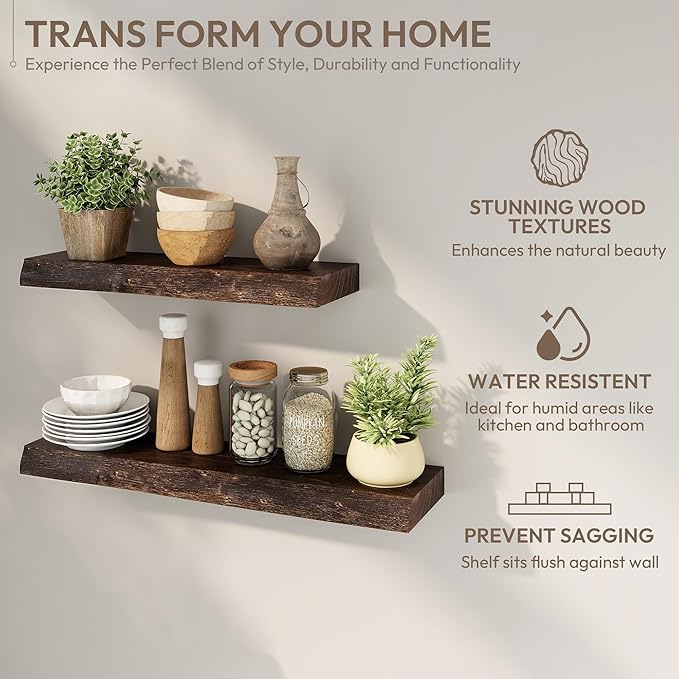 Marsmiles 24 inch Floating Shelves for Wall Elm Wood Live Edge Shelves|Rustic Wall Shelves with Invisible Heavy-Duty Bracket for Bathroom Living Room Kitchen|Walnut, 2 Pack