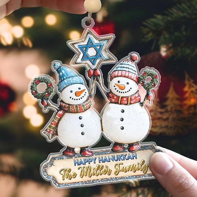 Personalized Snowman Ornament - Custom Hanukkah Ornaments for Tree, Jewish Ornaments, Hanukkah Gifts for Women Men, Couple Wedding Family Christmas Ornaments for Decorations