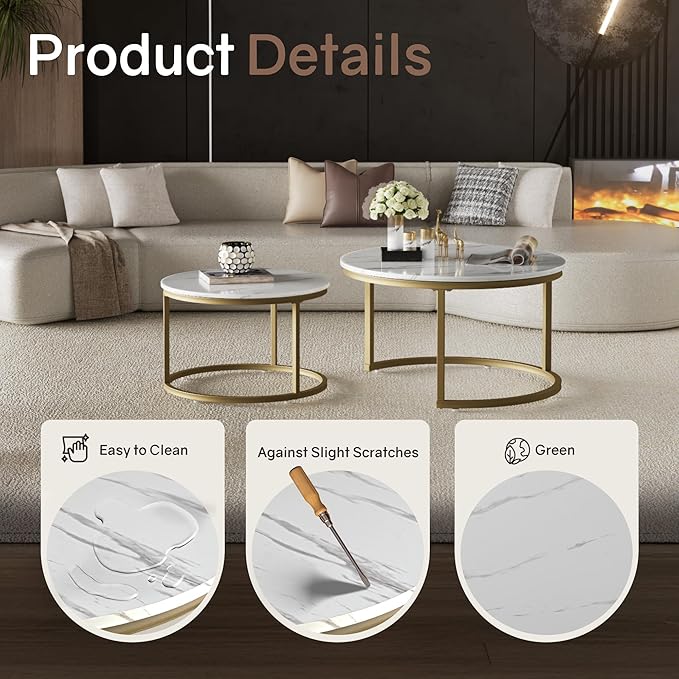 Nesting Tables Set of 2, 31.5" Round Coffee Table, Small Nesting Coffee Table with Adjustable Non-Slip Fee, White Marble Top Stack Nesting Tables Set of 2 for Living Room, Bedroom (White)