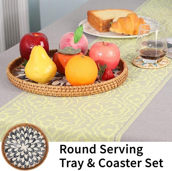 Round Rattan Serving Tray with Mother of Pearl Inlay & Coaster, Boho Wicker Basket, Decorative Coffee Table Tray for Table Decor, Storage and Display of Coffee Bread Fruit (Plume)