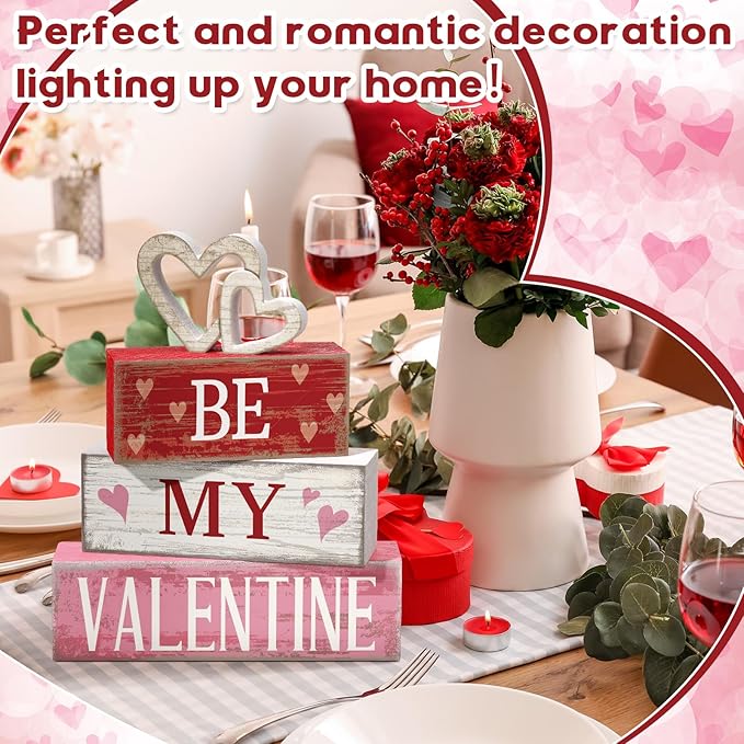 4 Pcs Valentine Decorations Valentine Wooden Sign Love Table Centerpiece Tiered Tray Decor Decorative Faux Book Stack Block for Coffee Table Fireplace Mantel Floating Shelf