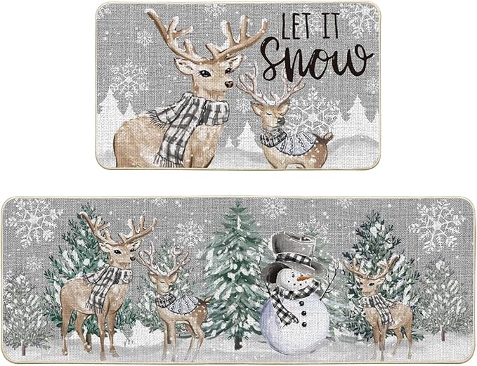 Artoid Mode Deer Tree Let It Sonw Snowflakes Christmas Kitchen Mats Set of 2, Winter Decor Low-Profile Kitchen Rugs for Floor - 17x29 and 17x47 Inch