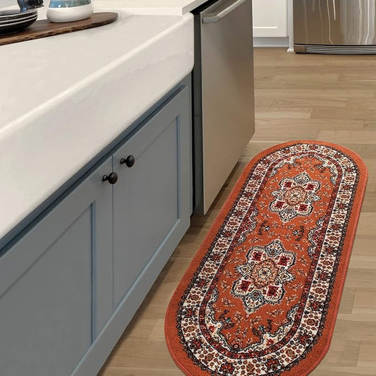 Antep Rugs Alfombras Oriental Traditional 2x5 Non-Skid (Non-Slip) Low Profile Pile Rubber Backing Kitchen Area Rugs (Rust Brown, 2' x 5' Oval)