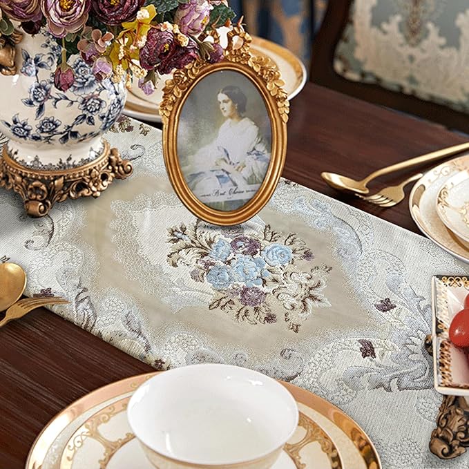 HeMiaor Table Runner with Retro Embroidery Jacquard and Beaded Tassels for Dining Table Christmas Decoration 98 inches Long Beige