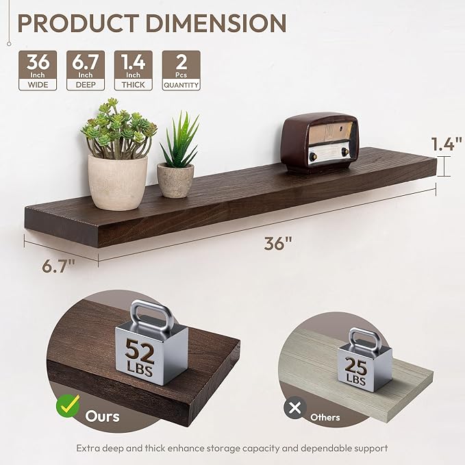 Marsmiles 36 inch Floating Shelves for Wall Solid Elm Wood Shelves|Rustic Wall Shelves with Invisible Heavy-Duty Bracket for Bathroom Living Room Kitchen|Walnut, 2 Pack