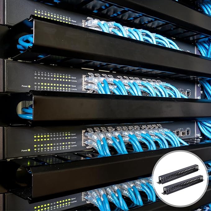 PATIKIL 1U 19 Inch Cable Manager, 4 Pack 24 Slot Horizontal Rack Mount Wires Management Metal Finger Duct Wire Organizer for Network Cabinet, Black