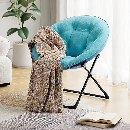 Folding Faux Fur Saucer Chair,Portable Folding Soft Moon Chair,Comfortable Lounge Chair with Metal Frame for Bedroom, Dorm Rooms, Apartments, Lounging, Garden and Courtyard, Green
