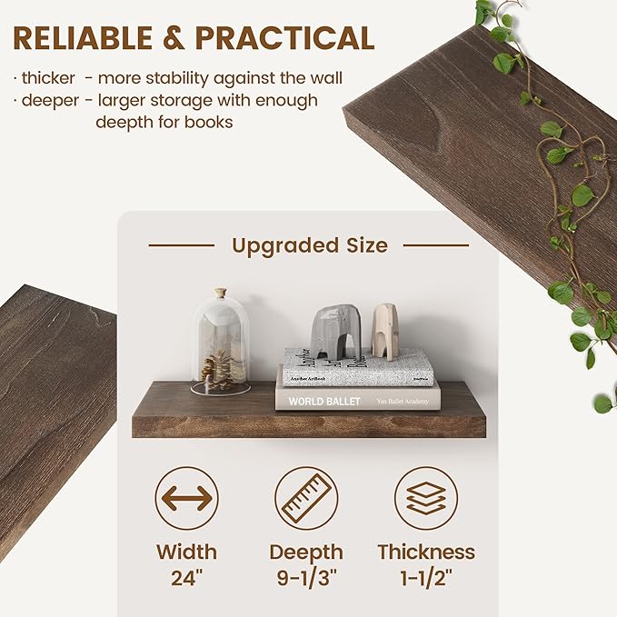 Rustic Elm Wood Floating Shelves for Wall, Flat Edge 24"W x 9.2"D x 1.4"H, Set of 2 with Invisible Bracket, Wall Mounted Storage Shelves for Living Room Bedroom Kitchen Bathroom Decor, Walnut Finish
