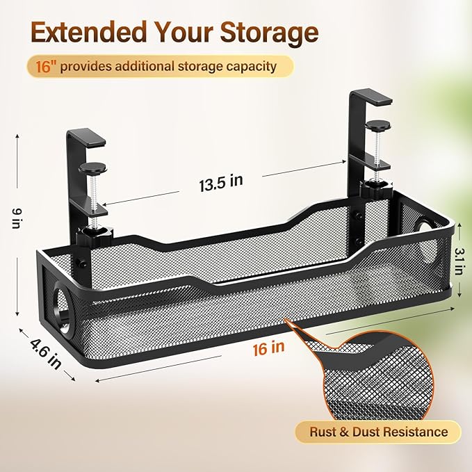 [Upgraded] Under Desk Cable Management Large, Cinati 16" Cable Management Box for Table Thickness up to 3", Wire Cord Organizer with Clamp No Drill, No Damage to Desk(Black)