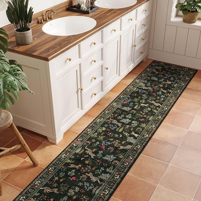 Rugcomf Runners for Kitchen Rug Non Slip 2'x10' Long Washable Rugs with Rubber Backing Soft Floral Animal Carpet Runner for Kitchen, Laundry, Bedroom, Bathroom (Green)